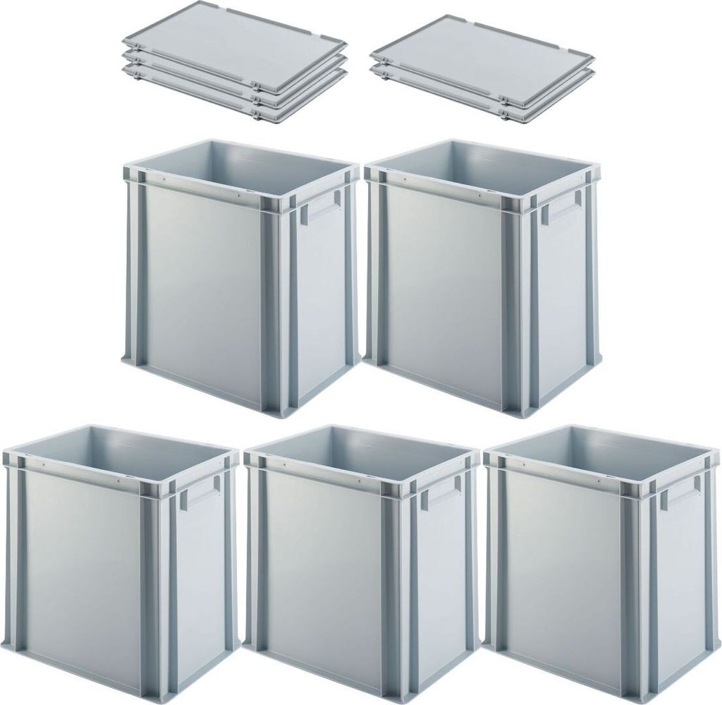 SuperSparSet 5x Eurobehälter mit geschlossenem Griff und Scharnierdeckel | HxBxT 40x30x40cm | 37 Liter | Grau | Eurobox, Transportbox, Transportbe...