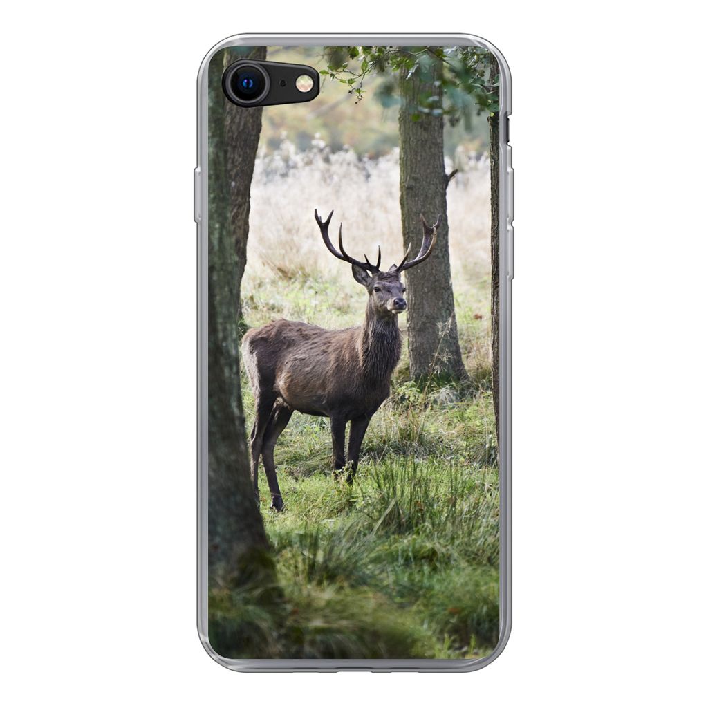 MuchoWow Handyhülle Schutzhülle Hülle für iPhone SE 2020 Hirsche - Bäume - Gras Silikon Softcase Handy Hülle - Kartenbesitzer