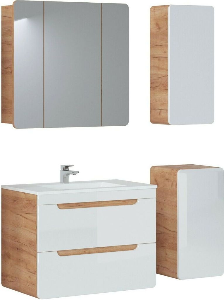 Badmöbel Set ARUBA-WEISS/EICHE-S 80 Badmöbel Set mit Waschbecken Badmöbelset Waschtisch Spiegelschrank Unter- Hängeschrank