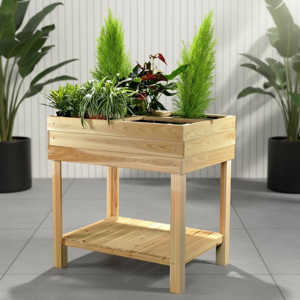 Mucola Hochbeet Holz Pflanztisch Gartenbeet mit 4 Fächer Blumenständer Pflanzkasten Gewächshaus Frühbeet Kräuterbeet Treibhaus