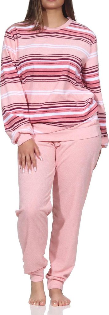 Normann Damen Frottee Schlafanzug mit Bündchen in edler Streifenoptik ; rosa , 44-46