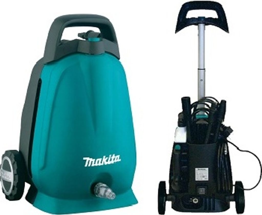 Two Makita pressure washers are shown against a white background. The one on the left is teal and black, while the one on the right is black with a silver handle.