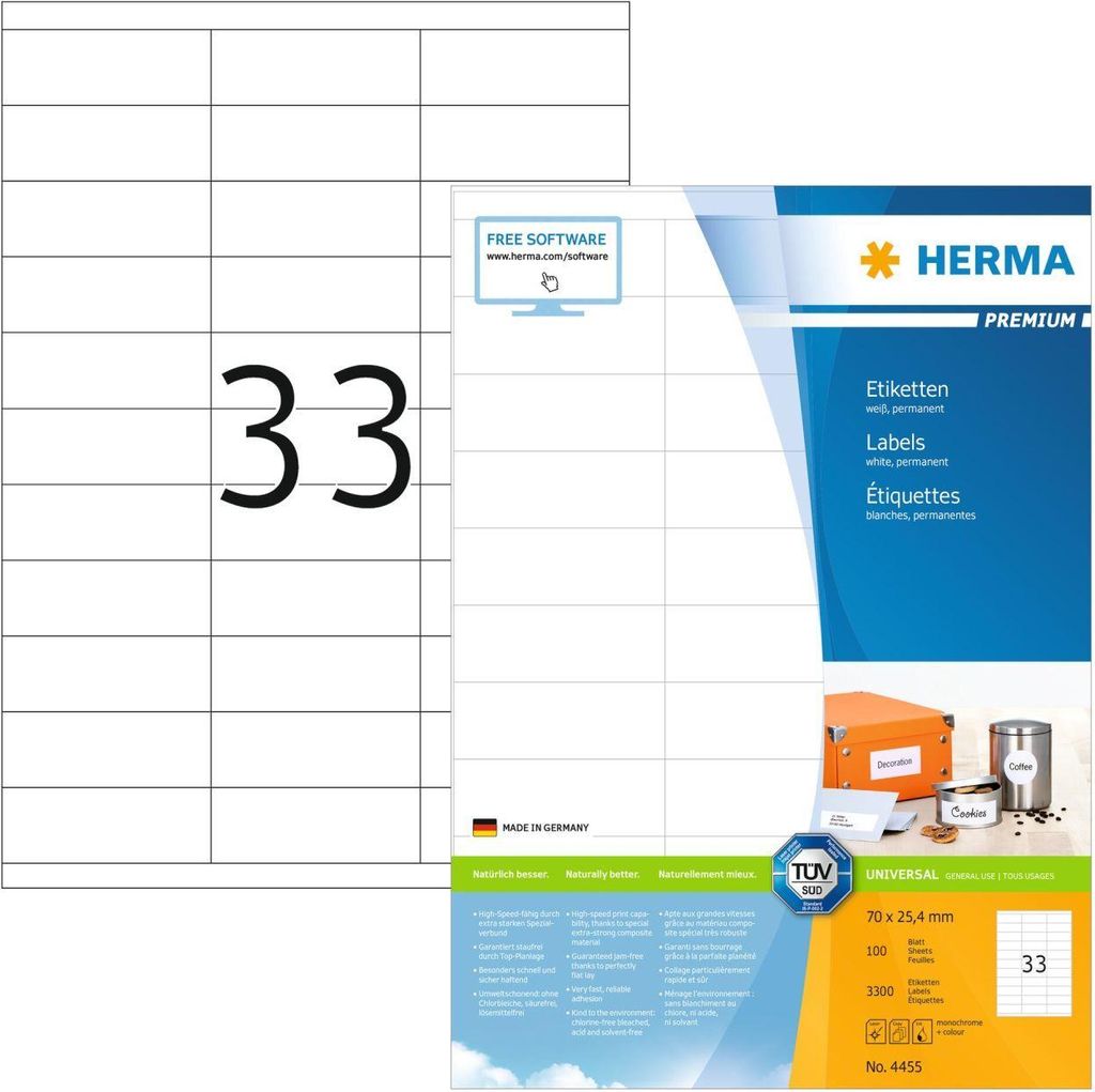 HERMA SuperPrint - Selbstklebende Etiketten - weiß - 25,4 x 70 mm - 3300 Stck. (4455)