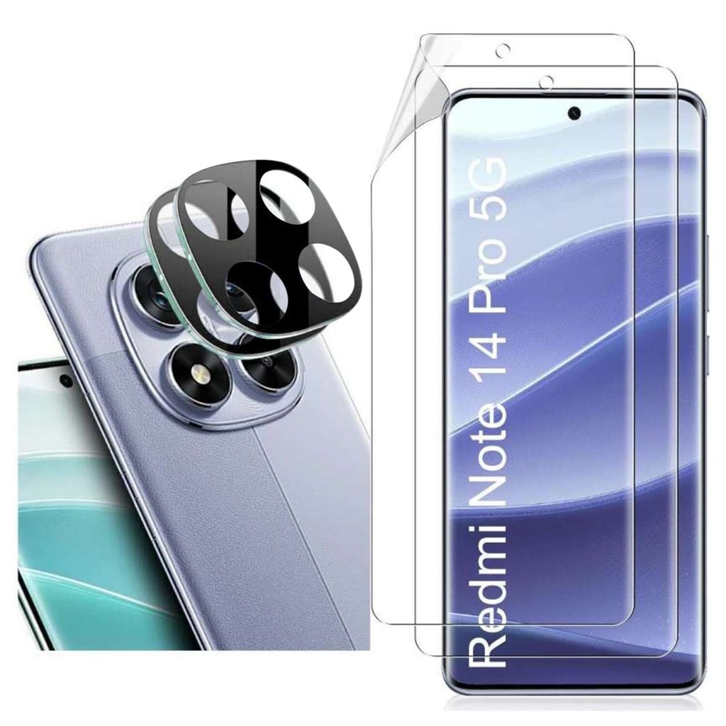 A product shot showcasing a phone screen protector and camera lens protector set for a Xiaomi Redmi Note 14 Pro 5G.