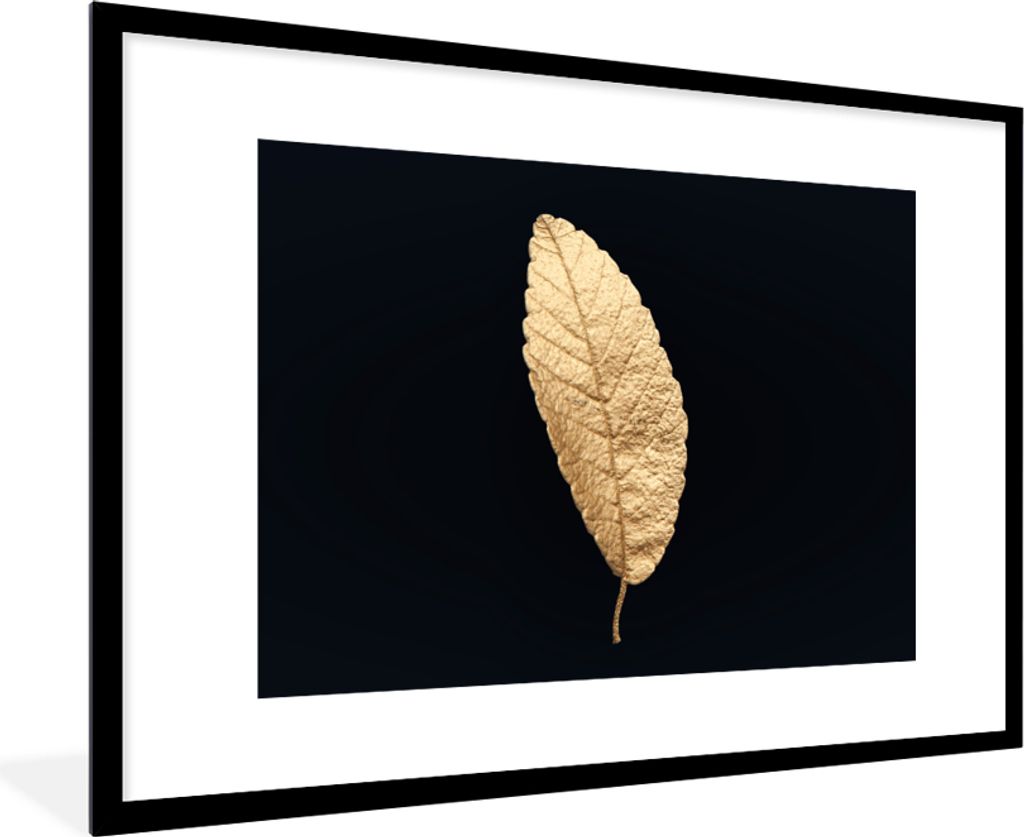 MuchoWow Gerahmtes Poster Schwarz und Gold - Blätter - Schwarz - Pflanzen - Luxus 90x60 cm - Poster mit Schwarzem Bilderrahmen Wandposter Rahmen...