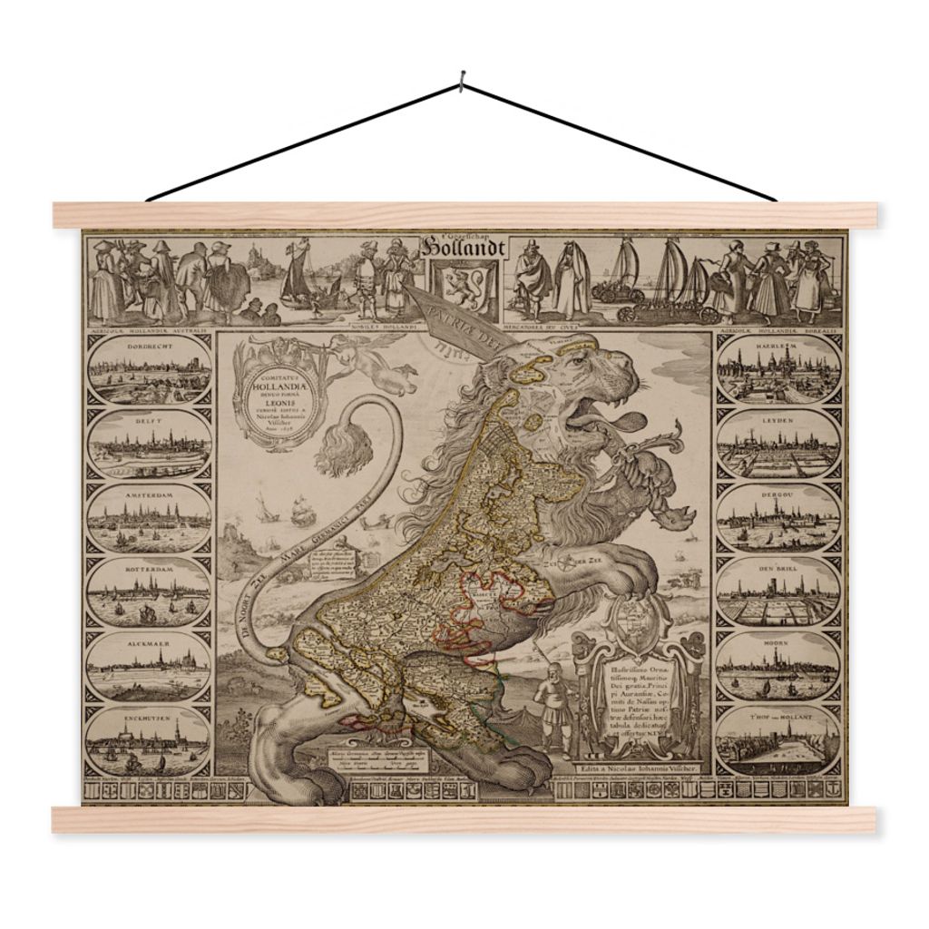 MuchoWow Textilposter Karte der Niederlande in Form eines Löwen 150x113 cm mit holzfarbenen Rahmen - Poster