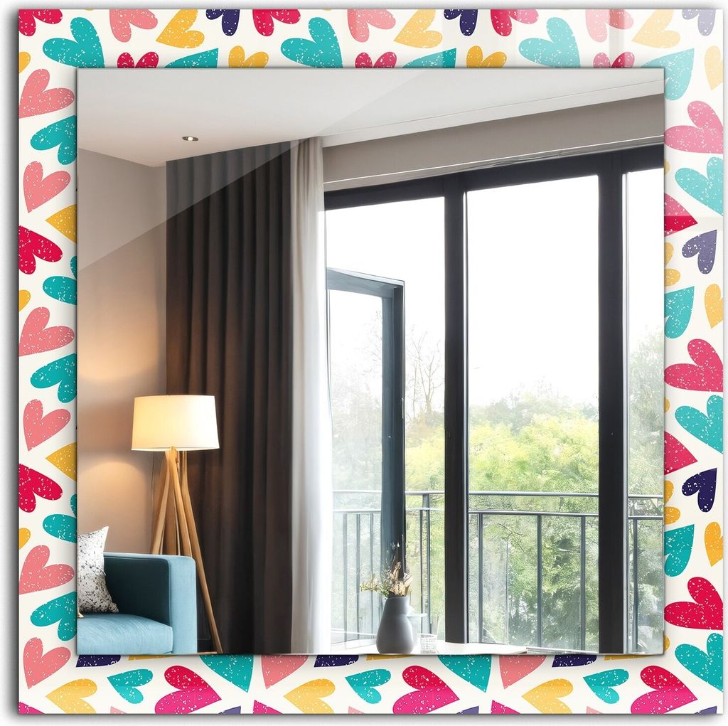 Bedruckter Spiegel - Wandspiegel - Dekorativer - Modern - 60x60 cm - Buntes Herzmuster