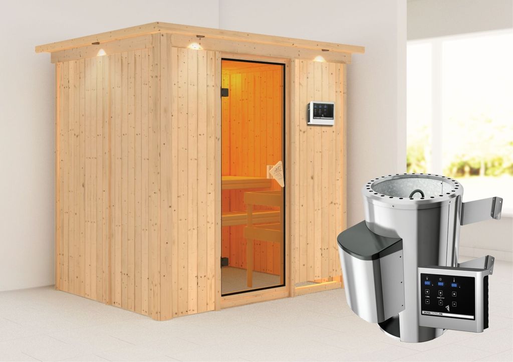 Karibu Sauna Innensauna Fanja Fronteinstieg Ofen 3,6 kW externe Strg.easy 210x165x202 cm mit Dachkranz mit Bronzierter Tür