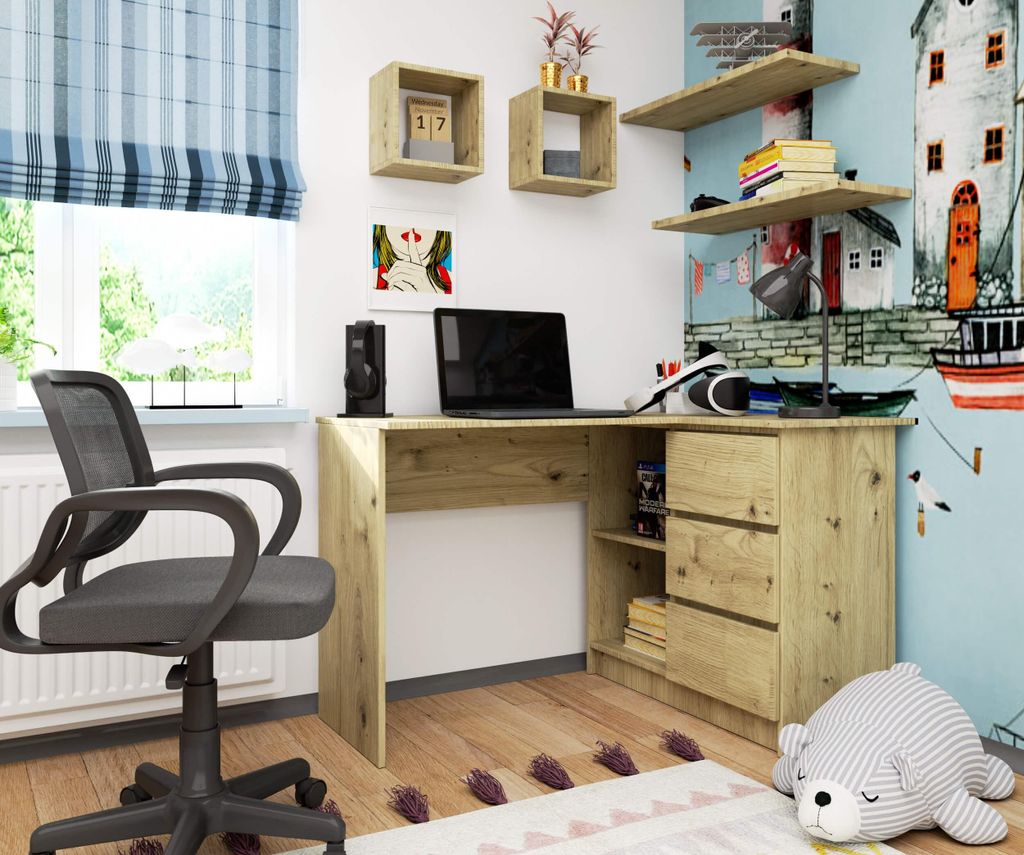 Eckschreibtisch 124cm mit 3 Schubladen L-Form Computertisch Eckschrank 2 Fächer