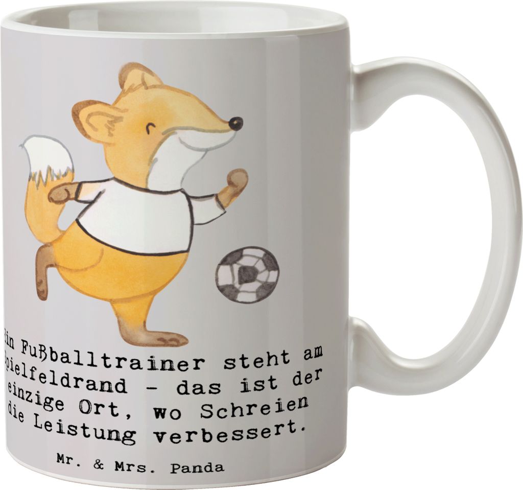Mr. & Mrs. Panda Tasse Fußballtrainer Energie - Grau Pastell - Geschenk, Hingabe, Trinkbecher, Mentoring, Berufspassion, Spielfeld, Kaffeebecher, ...
