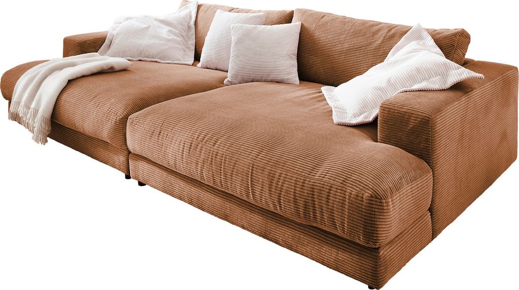 KAWOLA Big Sofa XL MADELINE mit Holztablett schwarz für Armlehne Cord rost