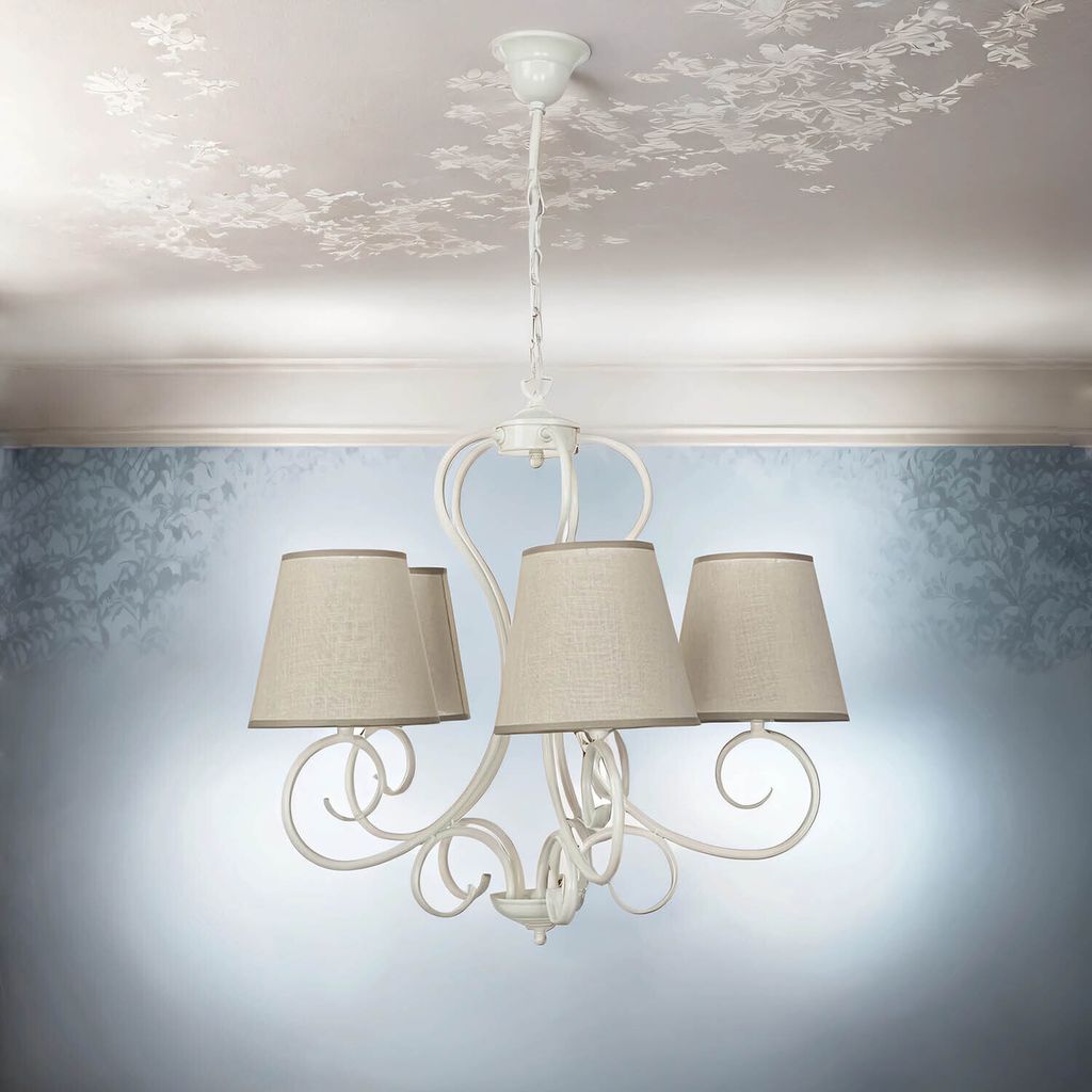 Kronleuchter mit Schirm Beige Weiß 5-armig Ø55cm Landhaus Stil E27 Pendelleuchte Esszimmer Wohnzimmer