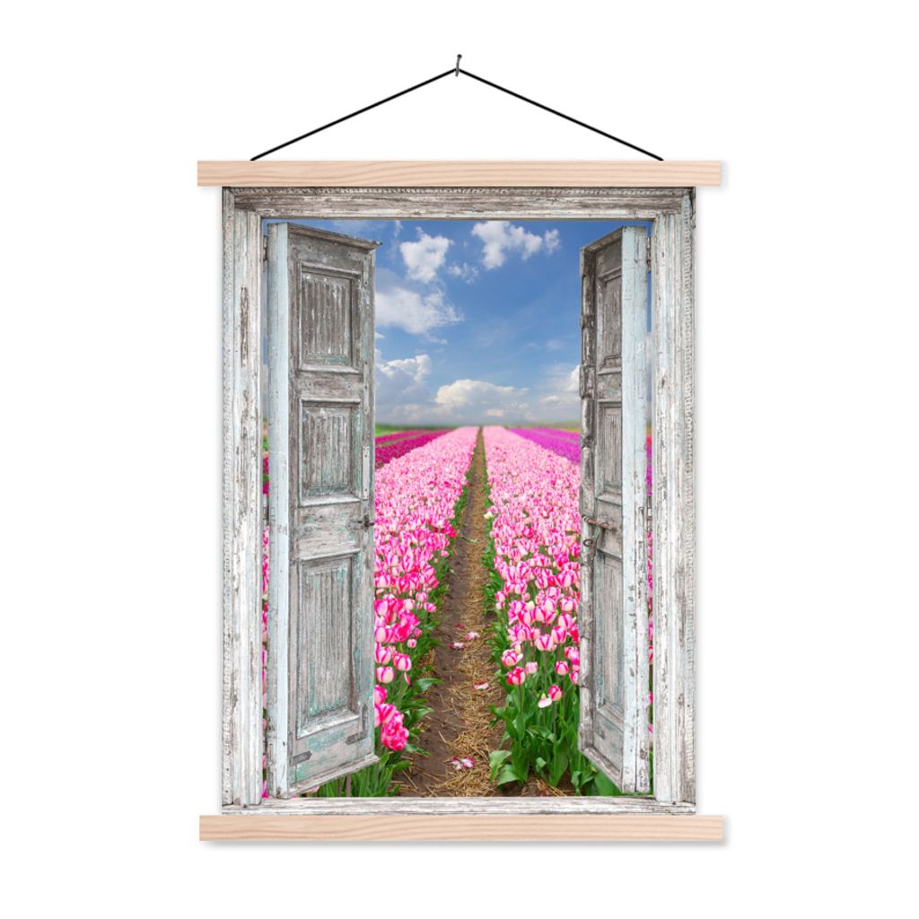 MuchoWow Textilposter Blumen - Tulpen - Ansicht - Regenbogen 60x80 cm mit holzfarbenen Rahmen - Wandbild