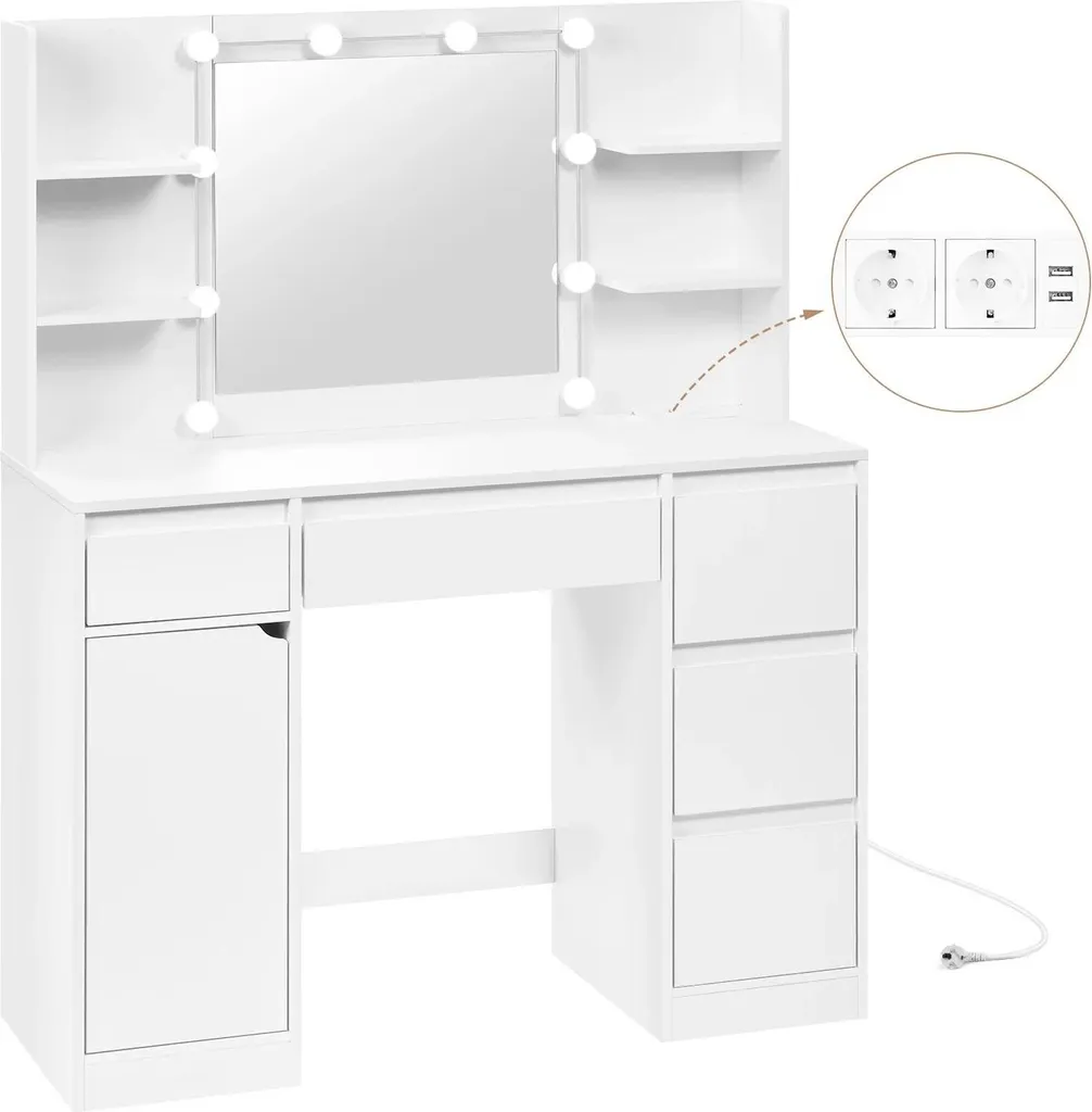 Coiffeuse blanche avec miroir lumineux LED et prise intégrée 110cm