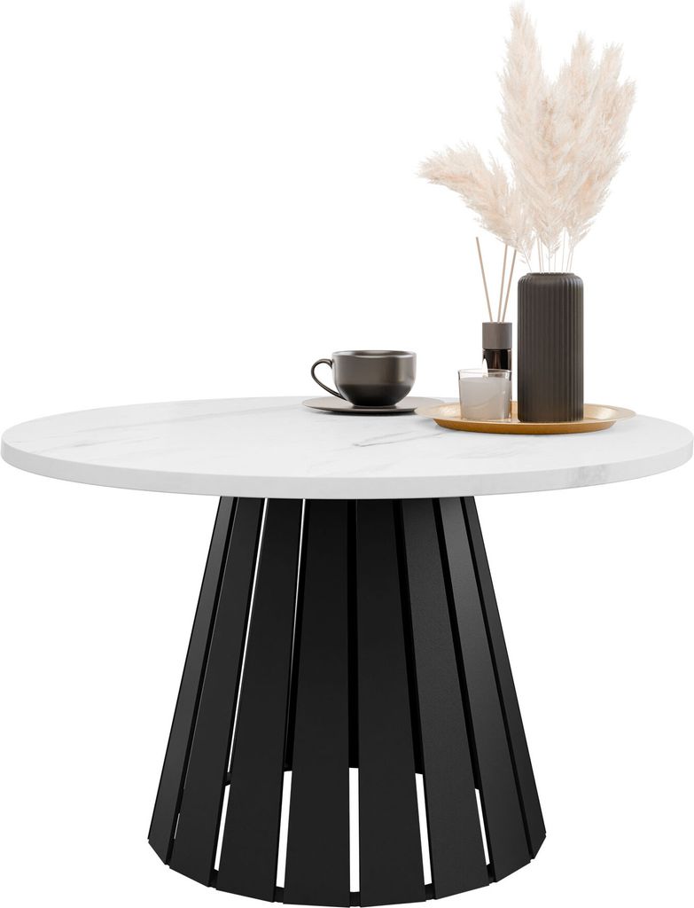 MIRJAN24 Couchtisch Circolo, Wohnzimmer Kaffeetisch, Beine und Seiten aus Stahl (Farbe: Schwarz / Bianco Marmor)