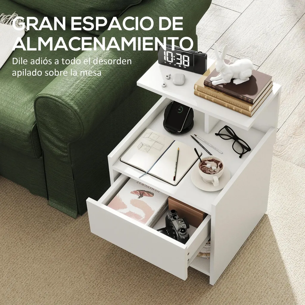 Commode de nuit blanche avec prise USB et rangement ouvert style moderne