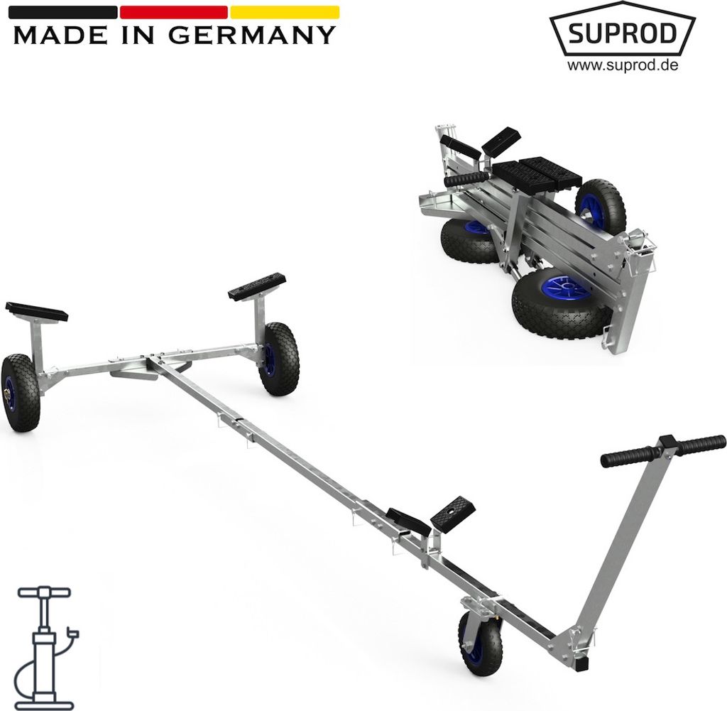 A product collage showcasing two different configurations of a boat trailer and a separate pump illustration.