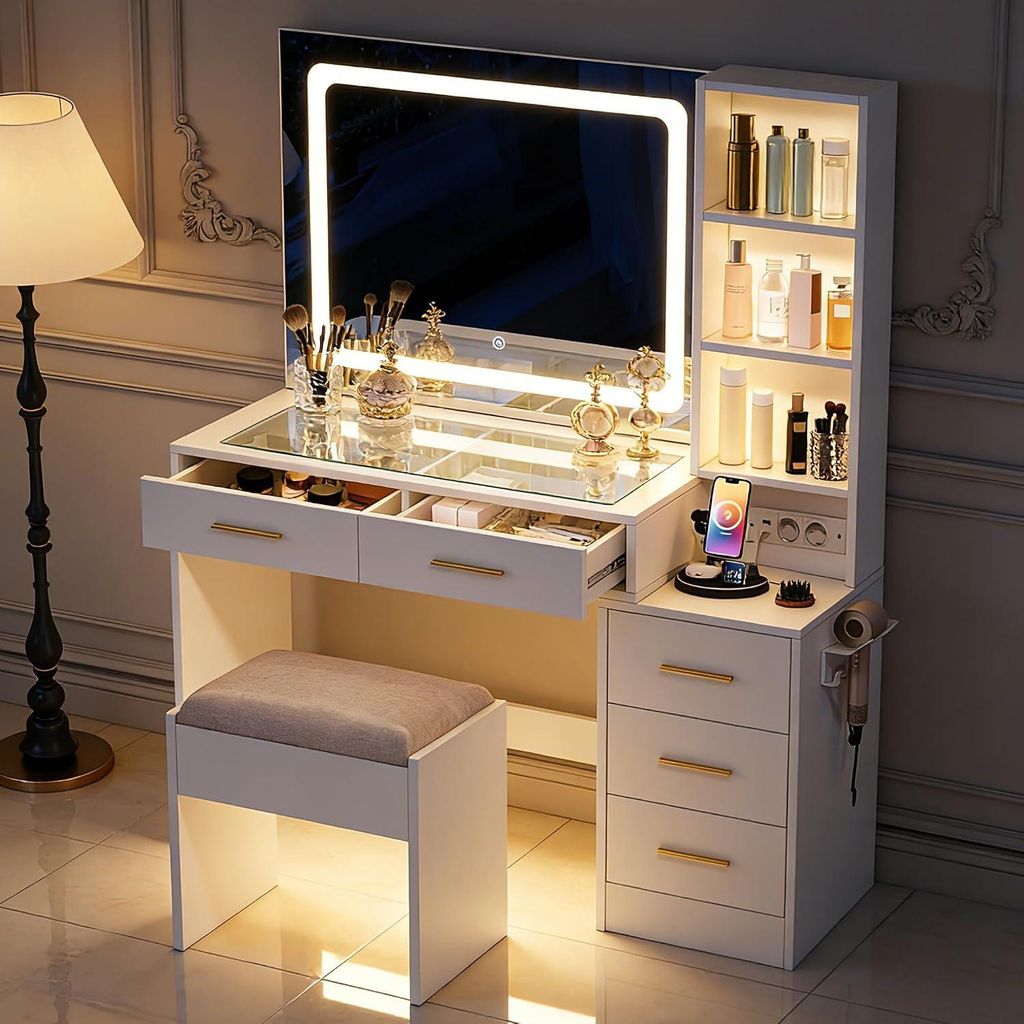 INONEFT Schminktisch-Set mit LED-Spiegel, Ladeanschluss und Produktbild 
