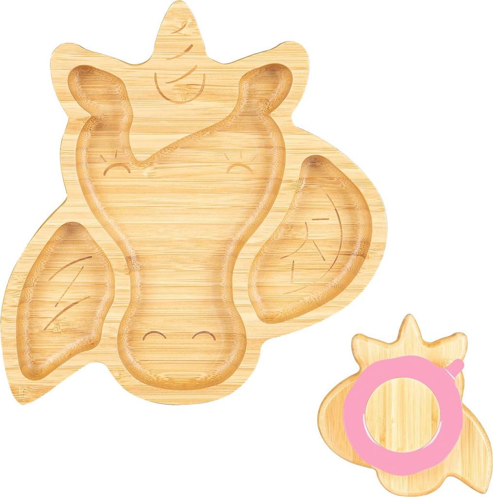 Tiny Dining Kinder Bambus Einhorn Platte mit Saugnapf - Segmented Entwurf, umweltfreundlich - 23cm - Pink