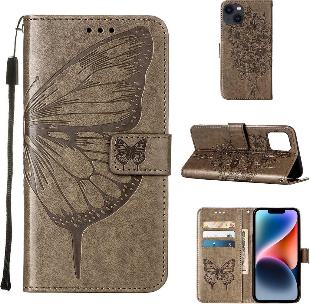 iPhone 14 Hülle, Schmetterling Prägung Flip Leder Kartenfächer Schutzhülle Ledertasche mit Ständer für iPhone 14 Grau