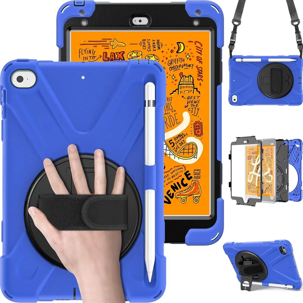 Custodia Bambini iPad Mini 4/5 Blu con Maniglia e Tracolla Auto