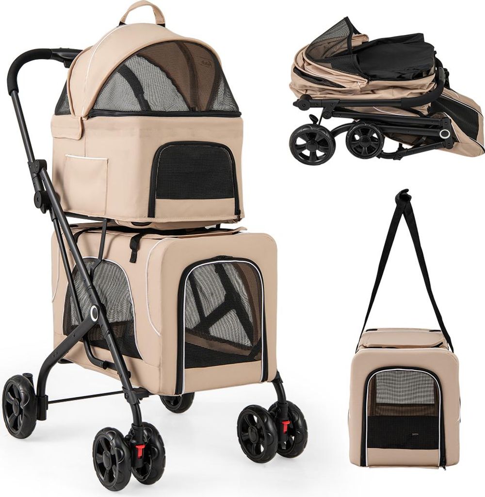 COSTWAY 3 in 1 Hundewagen, Hundebuggy 2 Etagen mit Netzfenstern, Taschen, Polstern, Oxford&Metall, bis 16 kg, Hundebox Transporttasche klappbar Beige