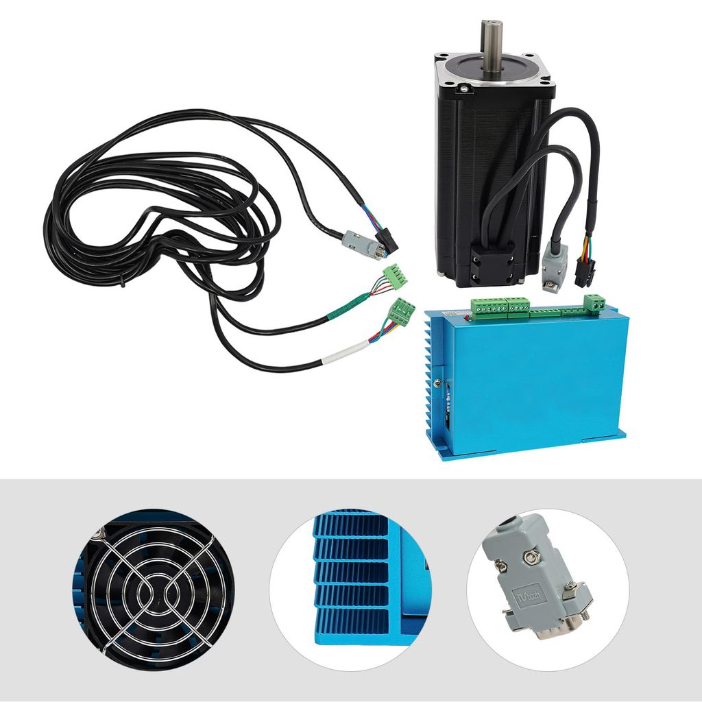 A stepper motor, its driver, and cables are arranged on a white background, with close-up views of the driver's fan, heatsink, and connector at the bottom.