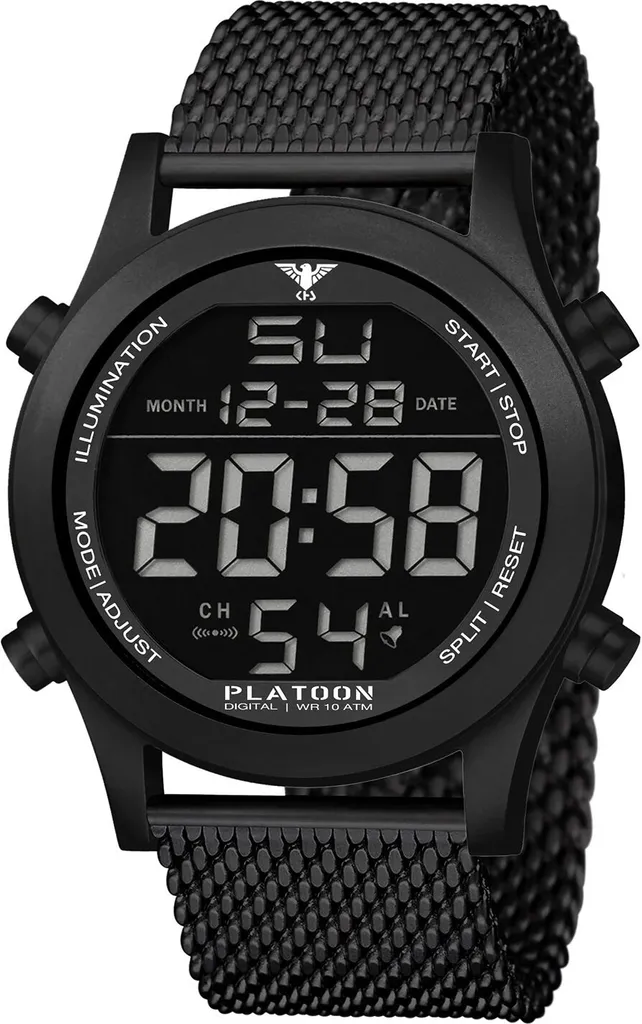 Montre KHS Platoon Numérique Incassable Noire avec Bracelet Maille Acier