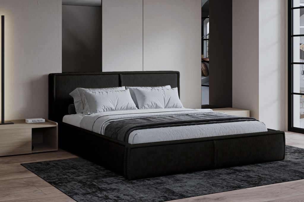 MOEBLO Polsterbett Bett 04 – Doppelbett mit Cord Bezug, Kopfstütze, gepolstertes Kopfteil, Rahmenbettgestell, Bettkasten und Lattenrost - 140x20...