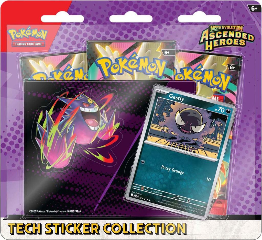 A product package for a Pokemon Tech Sticker Collection, featuring booster packs and a Gastly trading card.