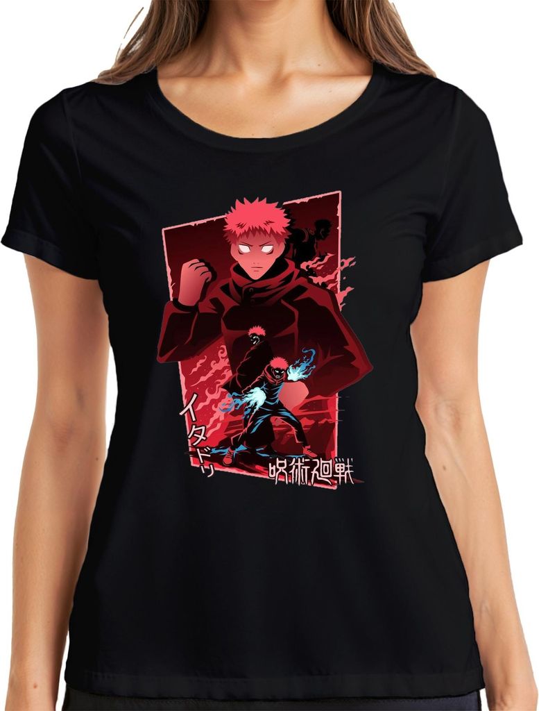 Itadori Yuji Jujutsu Kaisen Fan Anime rot düster Flammen Geschenk Damen T-Shirt, Schwarz, S
