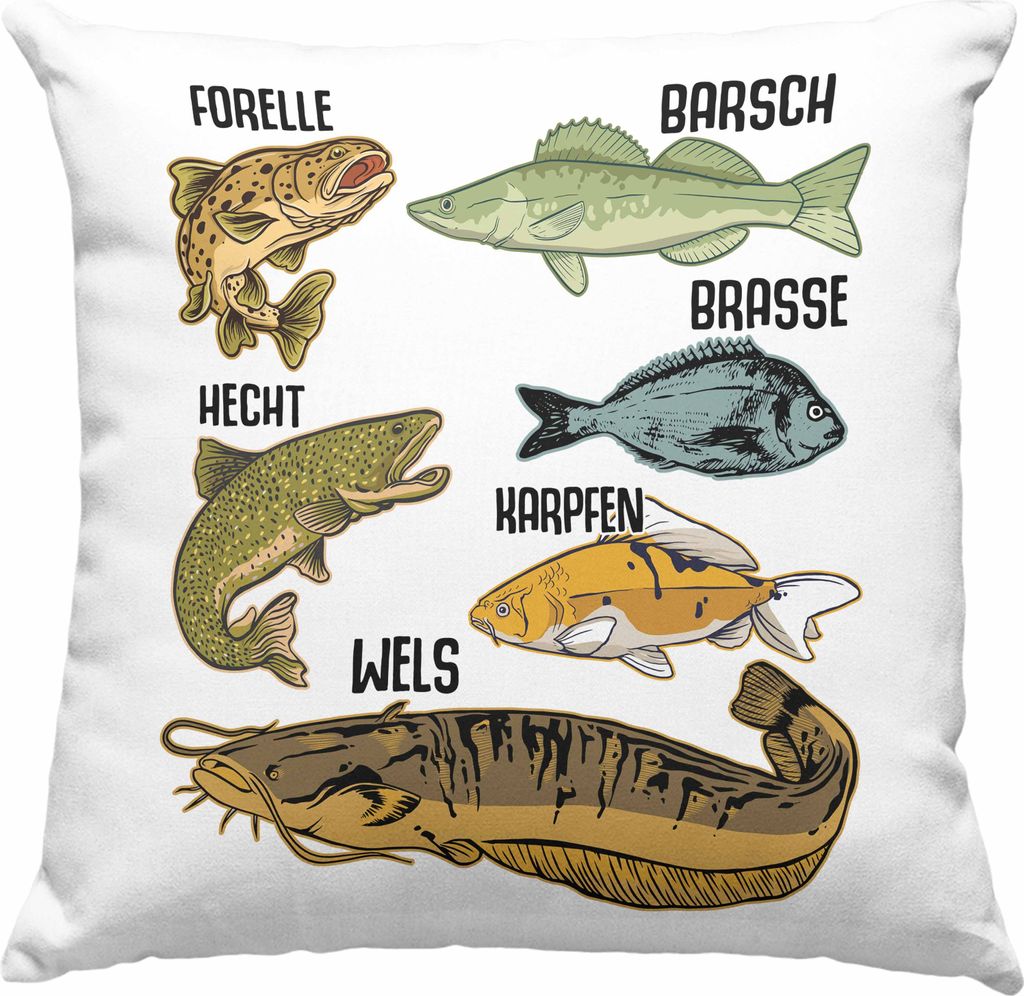 Trendation - Angler Fischer Deko-Kissen mit Füllung 40x40 mit Fischarten Geschenk Raubfische Hobbyangler Hecht Forelle Barsch Angeln Deko-Kissen m...