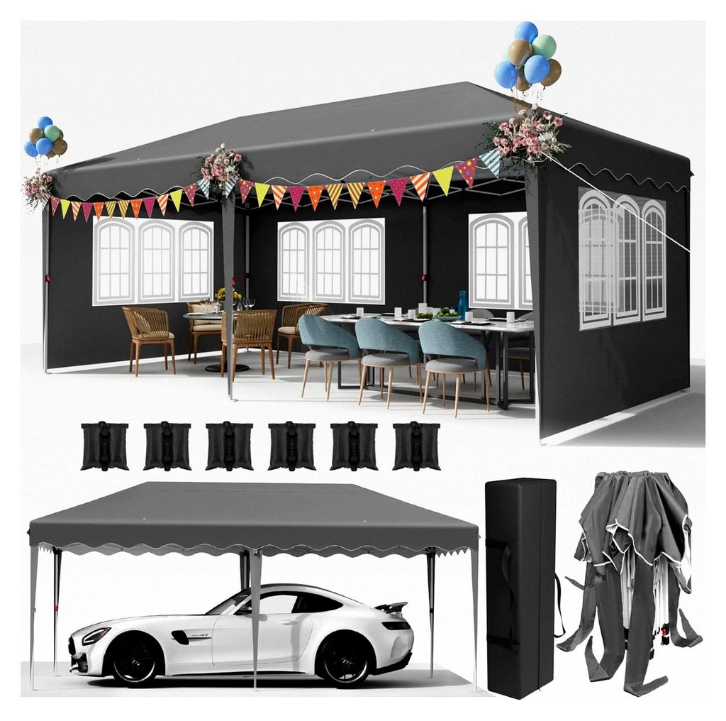 Faltpavillon 3x6, wasserdicht, stabil und winterfest, Gartenzelt mit Seitenteilen, Partyzelt aus 420D Oxford, höhenverstellbar, UV-Schutz 50+, Pav...