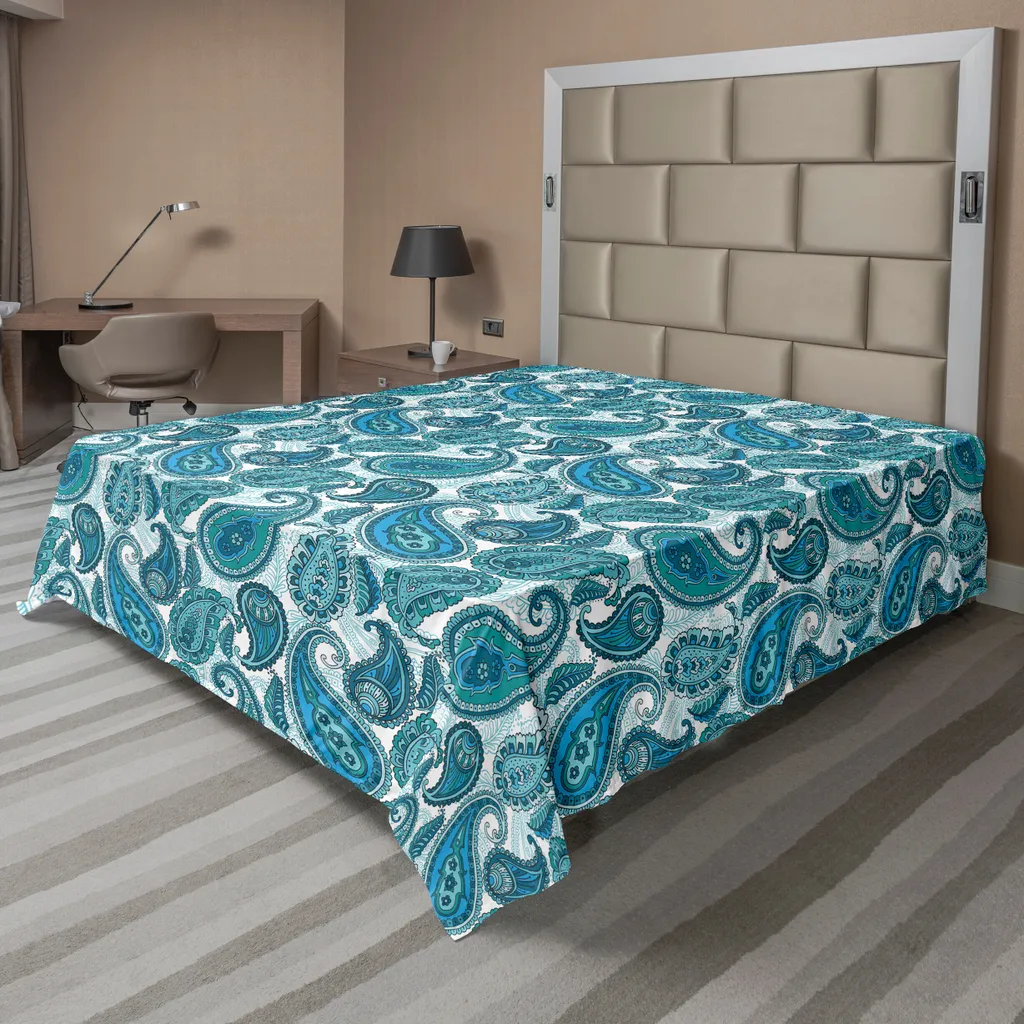 Drap plat doux motif rétro asiatique turquoise et bleu 266x260 cm