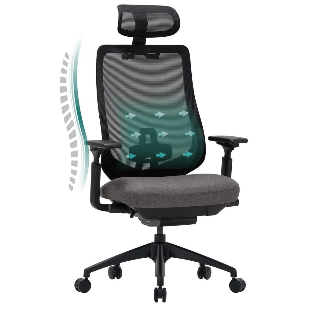 An ergonomic office chair with a mesh back and headrest, shown in a studio setting against a white background.