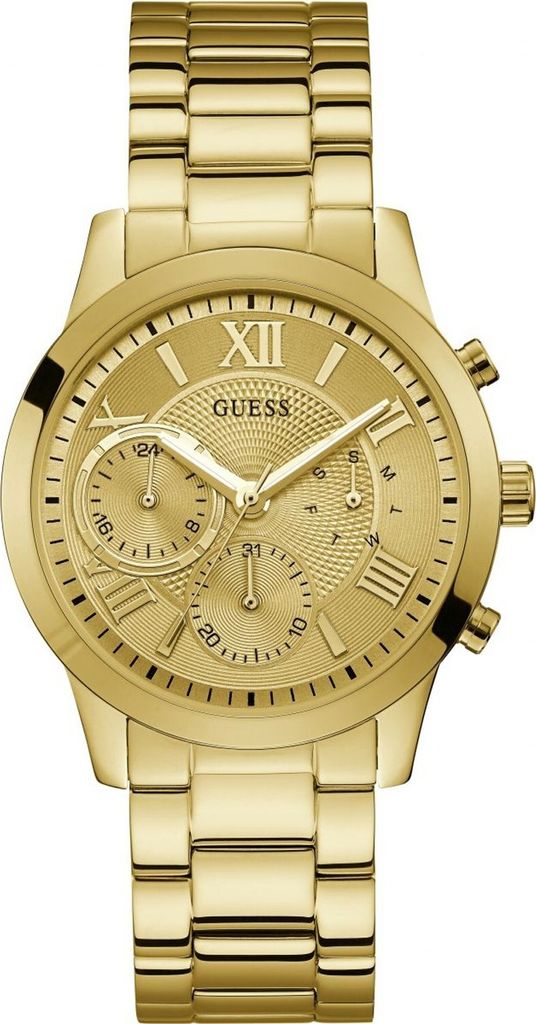 A close-up studio shot of a gold-colored Guess watch.