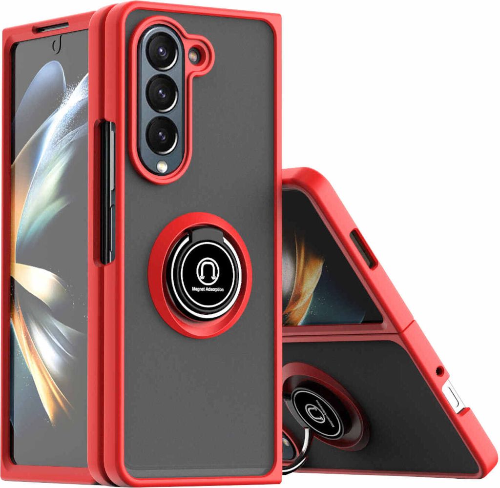 Für Samsung Galaxy Z Fold5 5G TPU / PC Design Ring Magnet Cover Handy Tasche Hülle Rot / Schwarz Etuis