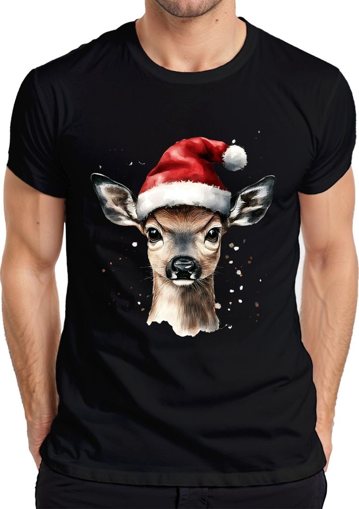 Süßes Rehkitz Santa Hat Weihnachten Geschenk Aquarell Vintage Herren T-Shirt, Schwarz, 3XL