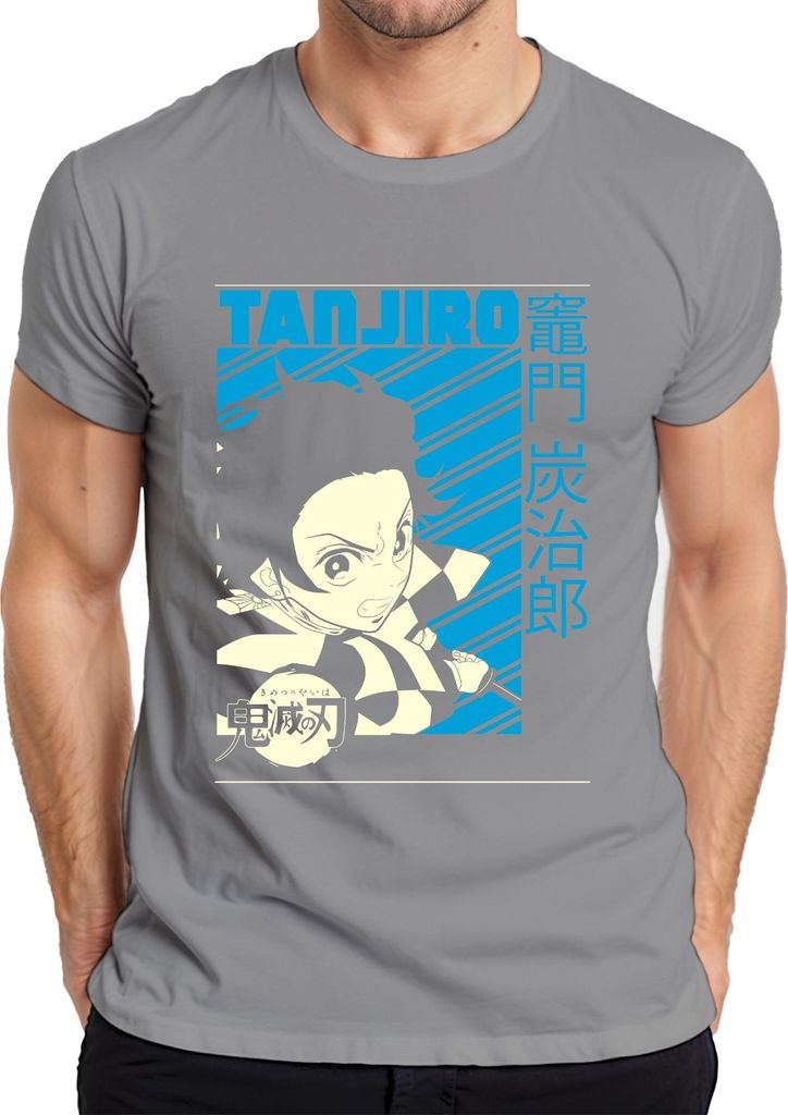 Tanjiro Kimetsu no Yaiba Schwert Karomuster Anime Geschenk Herren T-Shirt, Grau, M