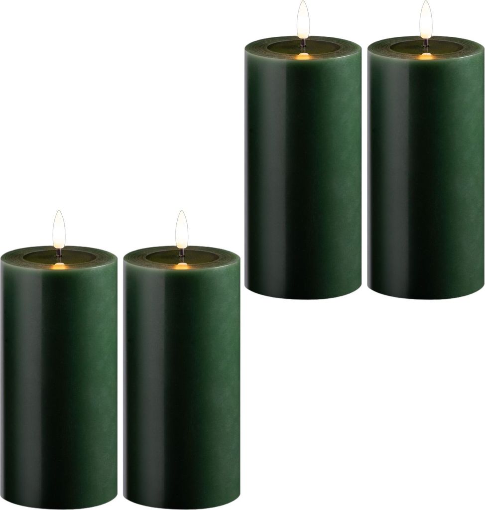 4x LED Stumpenkerze mit Timer 6 Stunden grün Echtwachs LED warmweiß 7,5cm ø 15cm Höhe - 2 AA Batterien nötig LED Echtwachskerze mit Flackereff...