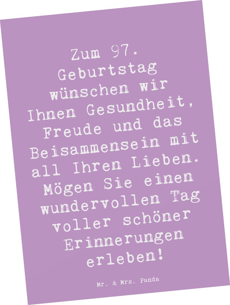 Mr. & Mrs. Panda Postkarte Spruch 97. Geburtstag - Lavendeltraum - Geschenk, Fotokarte, Ansichtskarten, Wertschätzung, Nähe, unvergessliche Momen...