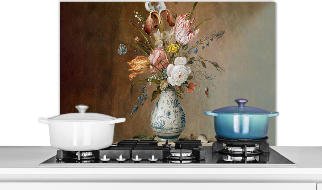 KitchenYeah Spritzschutz Küche - Küchenrückwand - Wandschutz für Herd und Spüle - Alte Meister - Blumen - Balthasar van der Ast 80x55 - Alu-...