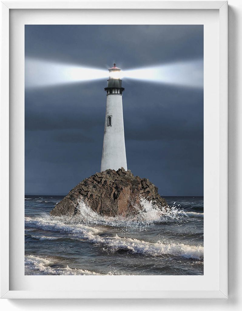 Leuchtturm– Wandbild mit Rahmen – Gerahmtes Bild – Wanddekoration – 60x80 cm – Weiß Rahmen