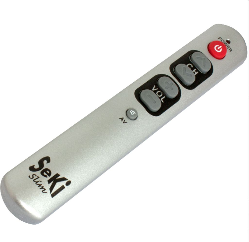A silver remote control is shown against a white background.