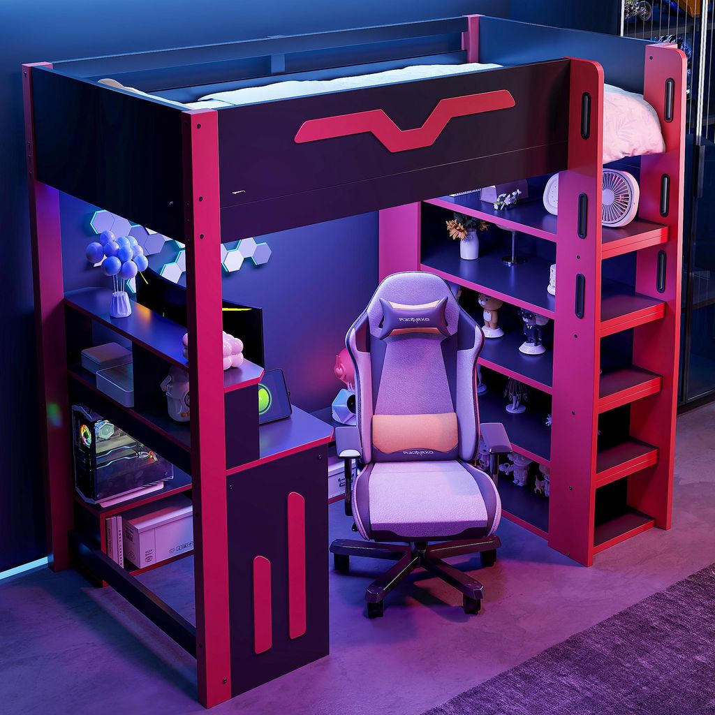 Hochbett 90x200 cm aus Kiefernholz & MDF mit Schreibtisch, Kinderbett mit LED-Beleuchtung, Treppe & viel Stauraum, inkl. Lattenrost, Schwarz