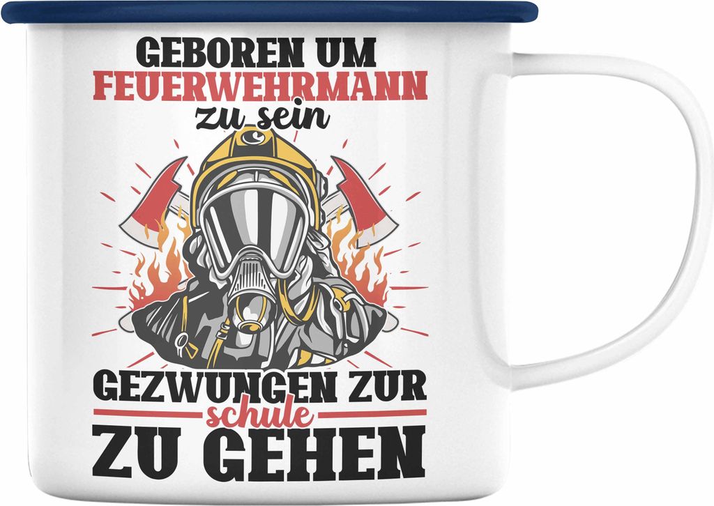 Trendation - Feuerwehr Emaille Tasse Sohn Jungs Geschenke Zubehör Lustig Kinder Geburtstag Gezwungen Zur Schule (Blau)