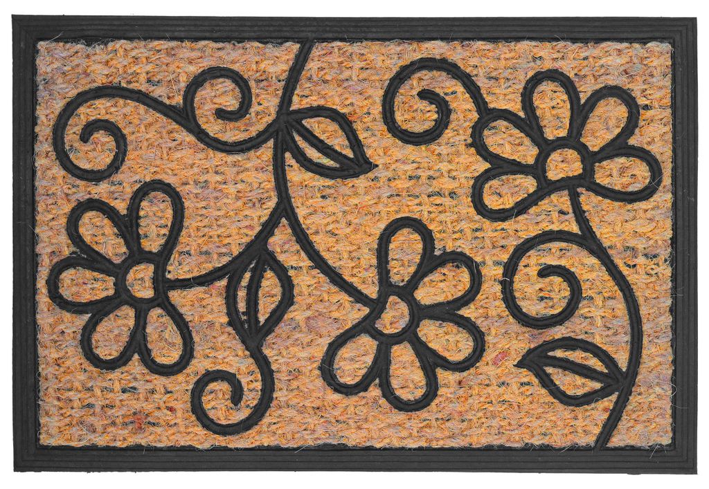 Relaxdays Fußmatte, Kokos & Gummi, Blumen, 60 x 40 cm, innen & außen, rutschfeste Schmutzfangmatte, natur/schwarz