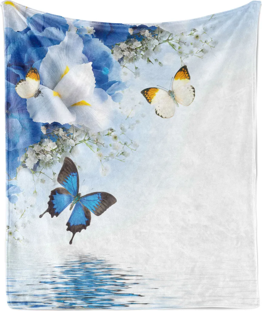 ABAKUHAUS Coperta in morbido pile di flanella con motivi floreali, gigli e riflessi sull'acqua, disegno digitale, 175 x 230 cm, blu e bianco