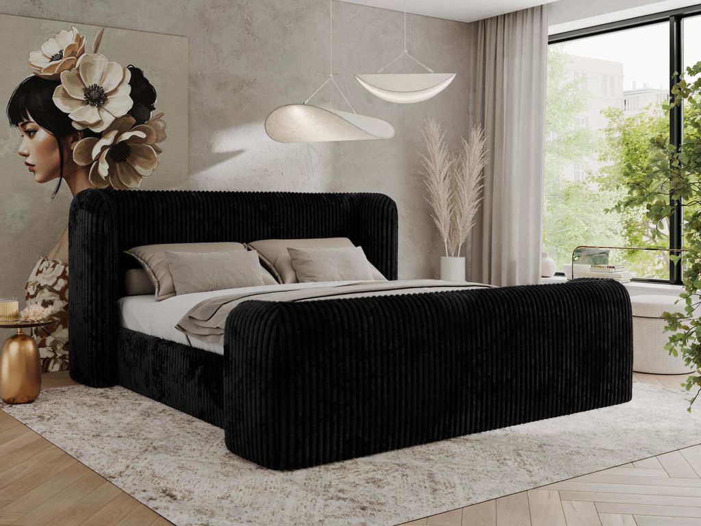 MKS MEBLE Doppelbett Polsterbett mit Lattenrost 160x200 EMORA CLASSIC DUO Bett mit Kopfteil Foam Matratze MIRO LUX Schwarz Cord