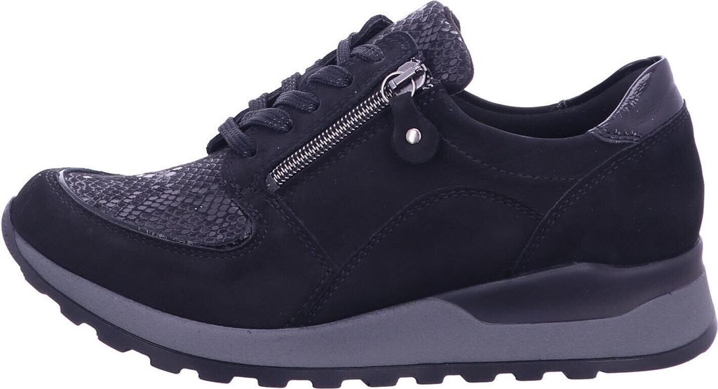 A side view of a black women's sneaker with a gray sole.